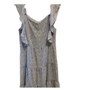 Monteau blue and cream flowered ruffle sleeved dress women's Large